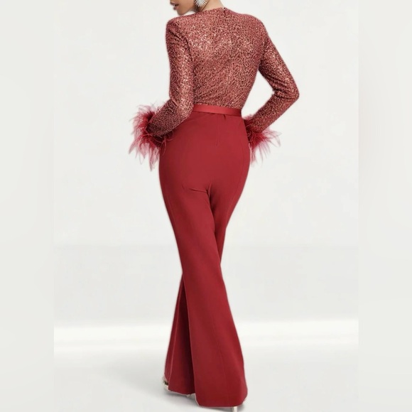 Lavish Alice - Burgundy Beaded Sequin feather trim long sleeve holiday Jumpsuit - Picture 3 of 8